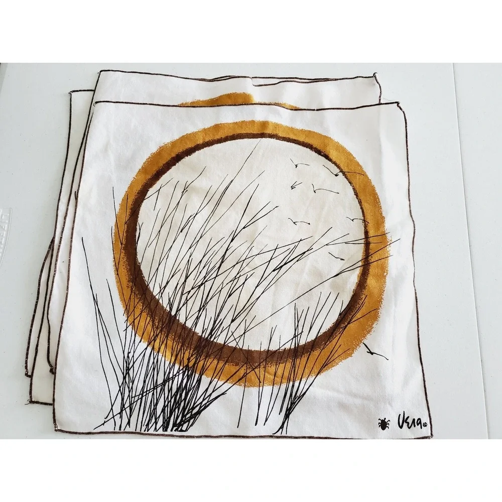 Vera Neumann Vintage Linen Napkins Set‎ of 4 Sun Seagrass Birds MCM Mid Century
